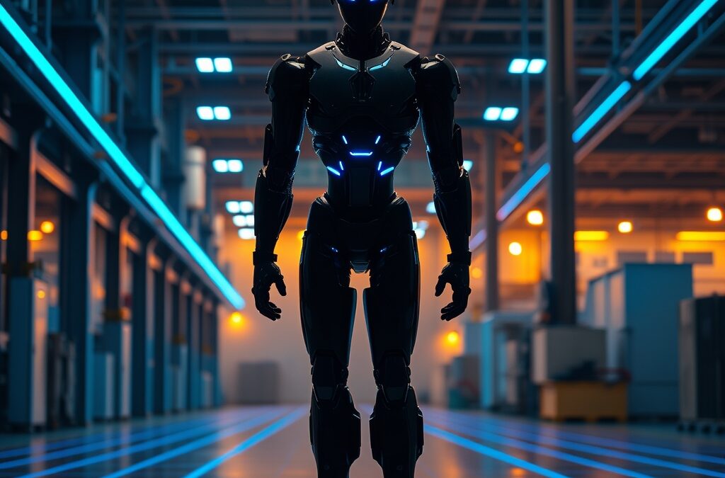 a sleek humanoid robot silhouette standing in a modern factory with blue laser grid lines and industrial lighting, cinematic editorial photography, steel blue and amber warm tones, no text no letters no words no writing no signs no labels no watermarks no logos no typography no numbers on surfaces