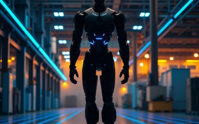 a sleek humanoid robot silhouette standing in a modern factory with blue laser grid lines and industrial lighting, cinematic editorial photography, steel blue and amber warm tones, no text no letters no words no writing no signs no labels no watermarks no logos no typography no numbers on surfaces