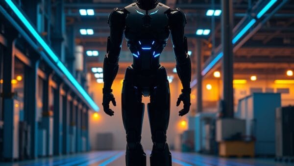 a sleek humanoid robot silhouette standing in a modern factory with blue laser grid lines and industrial lighting, cinematic editorial photography, steel blue and amber warm tones, no text no letters no words no writing no signs no labels no watermarks no logos no typography no numbers on surfaces