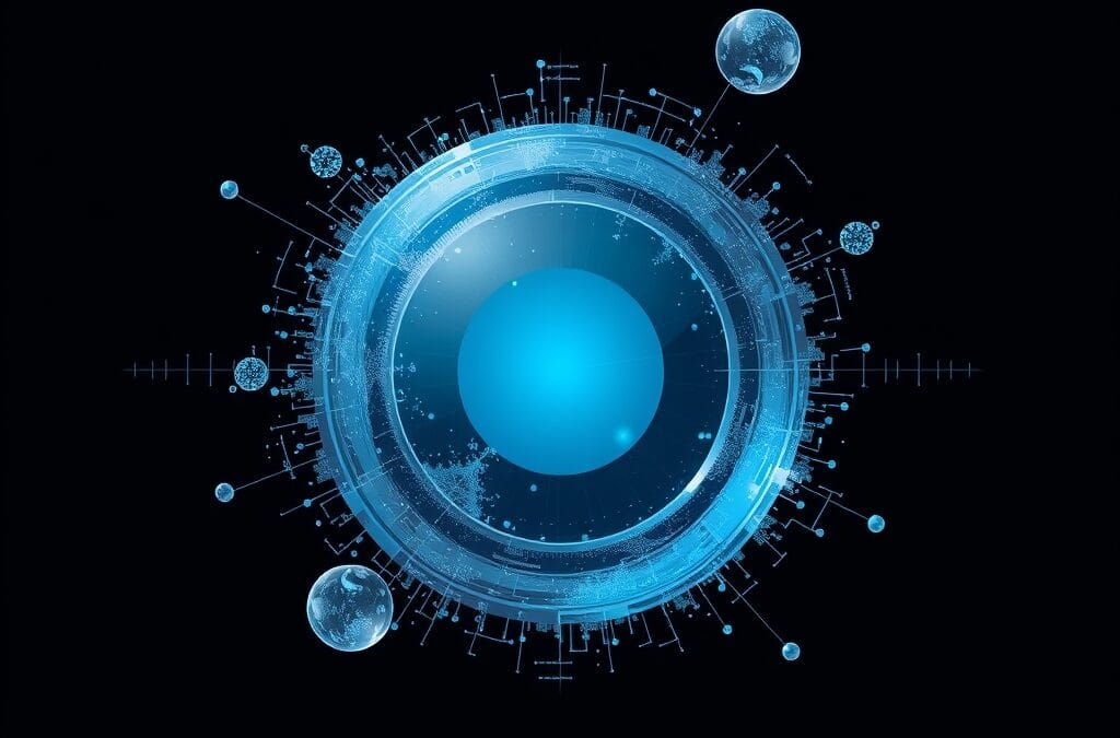 Outils IA: bureau abstrait numérique bleu ciel et gris acier, interfaces flottantes, pas de texte, pas de logos, pas de typographie