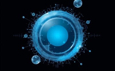 Outils IA: bureau abstrait numérique bleu ciel et gris acier, interfaces flottantes, pas de texte, pas de logos, pas de typographie