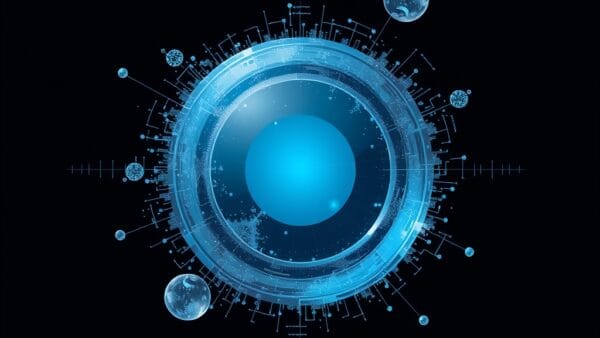 Outils IA: bureau abstrait numérique bleu ciel et gris acier, interfaces flottantes, pas de texte, pas de logos, pas de typographie