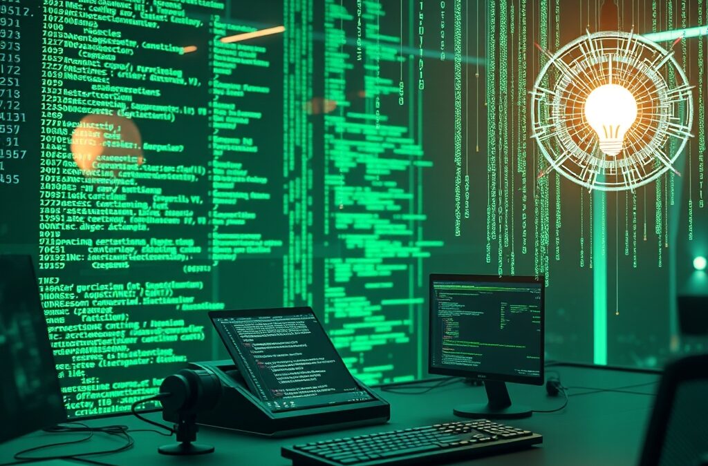 a futuristic coding workspace with holographic code flowing through the air and a glowing AI assistant orb hovering nearby, cinematic editorial photography, emerald green and blue palette, no text no letters no words no writing no signs no labels no watermarks no logos no typography no numbers on surfaces