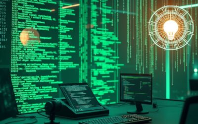 a futuristic coding workspace with holographic code flowing through the air and a glowing AI assistant orb hovering nearby, cinematic editorial photography, emerald green and blue palette, no text no letters no words no writing no signs no labels no watermarks no logos no typography no numbers on surfaces