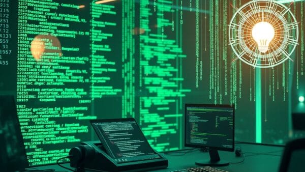 a futuristic coding workspace with holographic code flowing through the air and a glowing AI assistant orb hovering nearby, cinematic editorial photography, emerald green and blue palette, no text no letters no words no writing no signs no labels no watermarks no logos no typography no numbers on surfaces