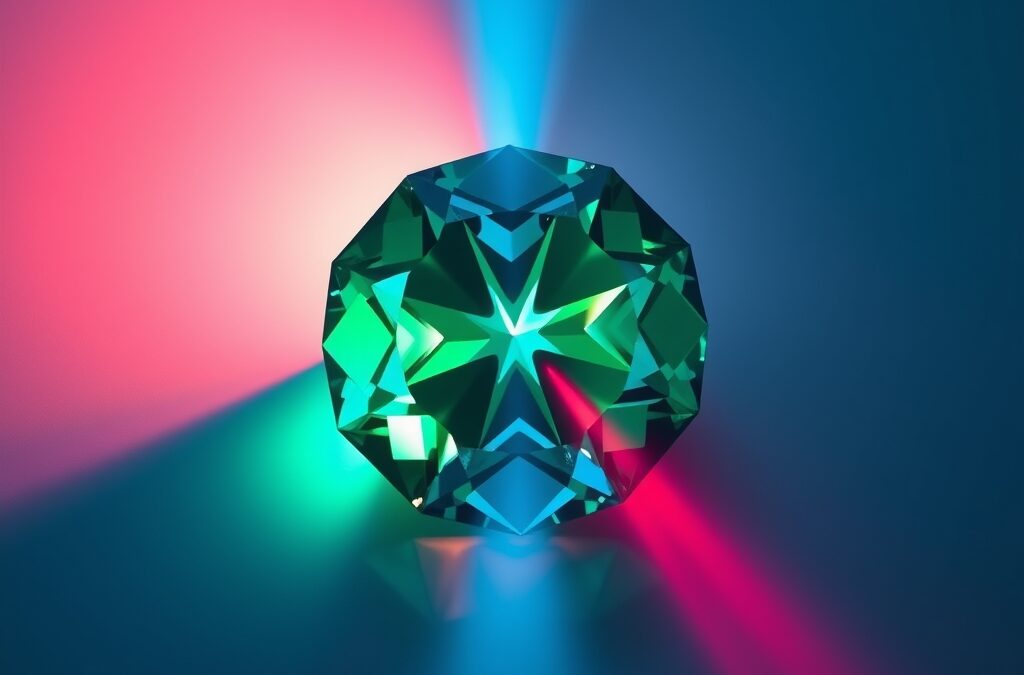 a brilliant gemstone splitting white light into a spectrum of colors representing multimodal AI capabilities, cinematic editorial photography, emerald green and blue palette, no text no letters no words no writing no signs no labels no watermarks no logos no typography no numbers on surfaces