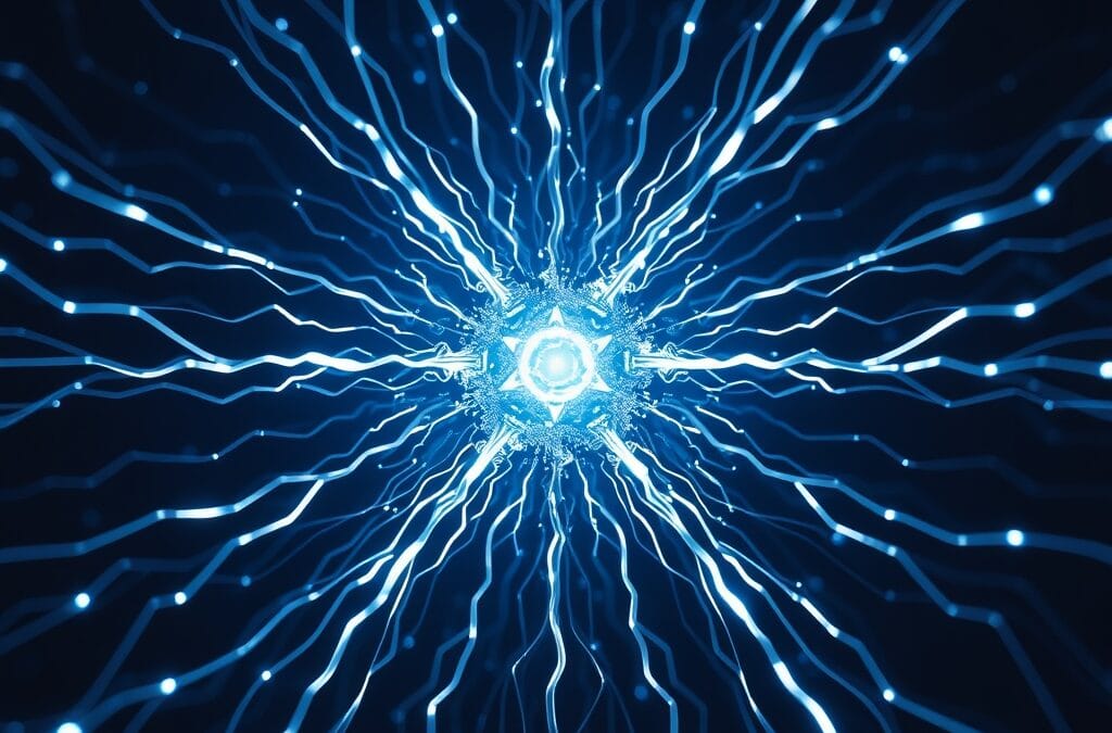 futuristic midnight blue and silver neural pathways radiating from central luminous core, abstract AI power visualization, cinematic editorial photography, no text no letters no words no writing no signs no labels no watermarks no logos no typography no numbers on surfaces