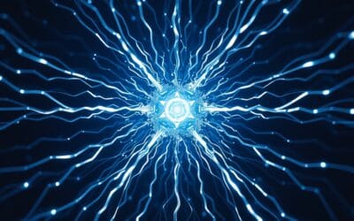 futuristic midnight blue and silver neural pathways radiating from central luminous core, abstract AI power visualization, cinematic editorial photography, no text no letters no words no writing no signs no labels no watermarks no logos no typography no numbers on surfaces