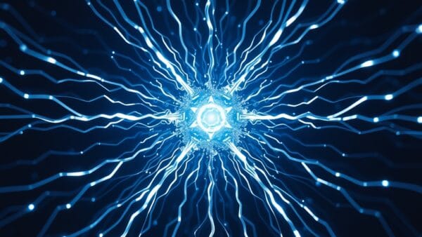 futuristic midnight blue and silver neural pathways radiating from central luminous core, abstract AI power visualization, cinematic editorial photography, no text no letters no words no writing no signs no labels no watermarks no logos no typography no numbers on surfaces