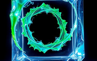 Abstract artistic creation concept with luminous emerald green and electric blue paint splashes transforming into a high resolution crystal prism, photorealistic light refraction through geometric glass shapes, golden ratio spiral made of glowing particles, cinematic editorial photography, dark navy background with dramatic studio lighting, subject in upper two-thirds with smooth dark gradient at bottom, no text, no letters, no words, no writing, no signs, no labels, no watermarks, no logos, no typography, no numbers on surfaces