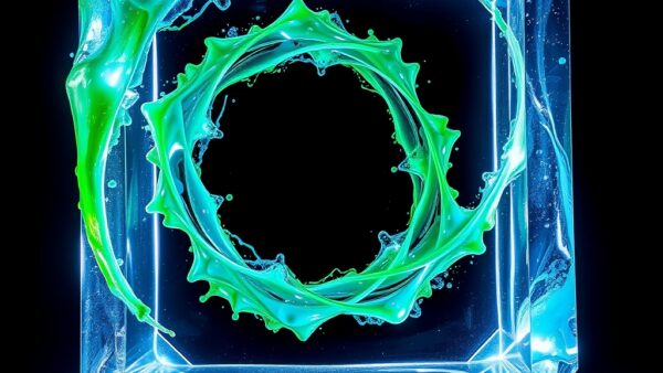 Abstract artistic creation concept with luminous emerald green and electric blue paint splashes transforming into a high resolution crystal prism, photorealistic light refraction through geometric glass shapes, golden ratio spiral made of glowing particles, cinematic editorial photography, dark navy background with dramatic studio lighting, subject in upper two-thirds with smooth dark gradient at bottom, no text, no letters, no words, no writing, no signs, no labels, no watermarks, no logos, no typography, no numbers on surfaces