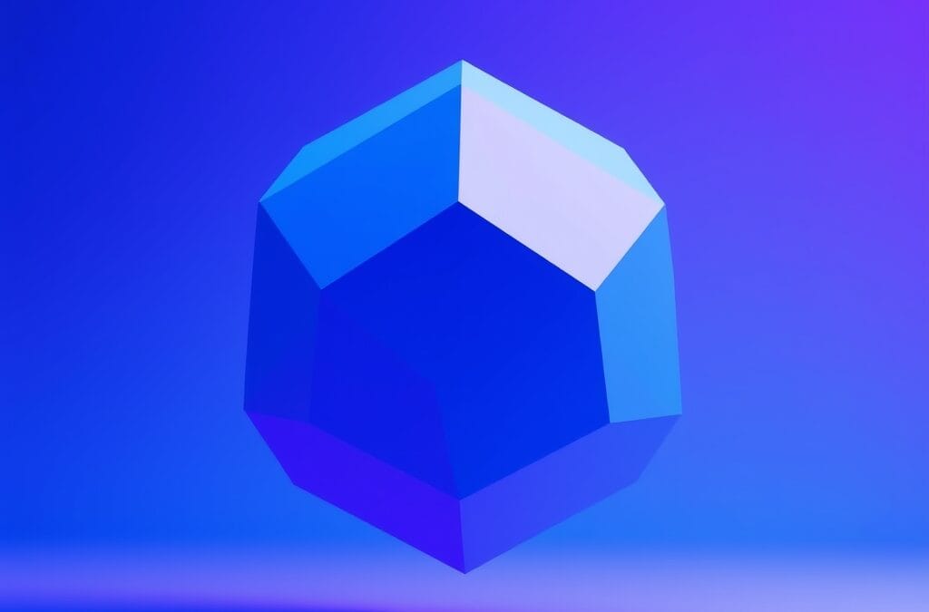abstract floating polyhedra in gradient blue and purple space, geometric digital technology shapes, cinematic editorial lighting, no text no letters no words no writing no signs no labels no watermarks no logos no typography no numbers on surfaces