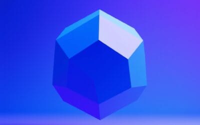 abstract floating polyhedra in gradient blue and purple space, geometric digital technology shapes, cinematic editorial lighting, no text no letters no words no writing no signs no labels no watermarks no logos no typography no numbers on surfaces