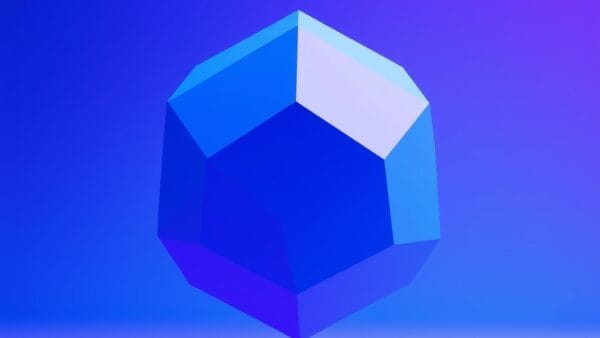 abstract floating polyhedra in gradient blue and purple space, geometric digital technology shapes, cinematic editorial lighting, no text no letters no words no writing no signs no labels no watermarks no logos no typography no numbers on surfaces