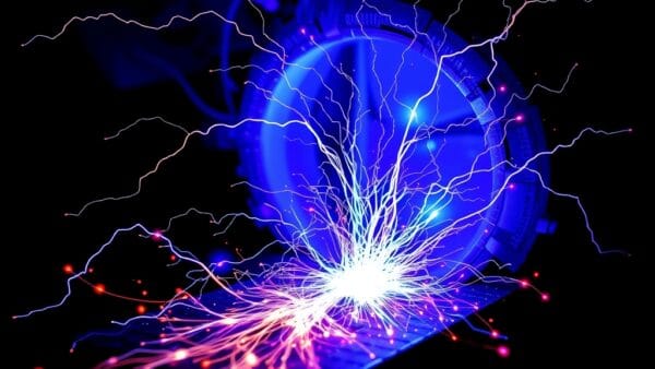 Outils IA: forge métallique numérique or et violet, arcs électriques sublimes, couches de création fractales, pas de texte, pas de logos, pas d&rsquo;écritures