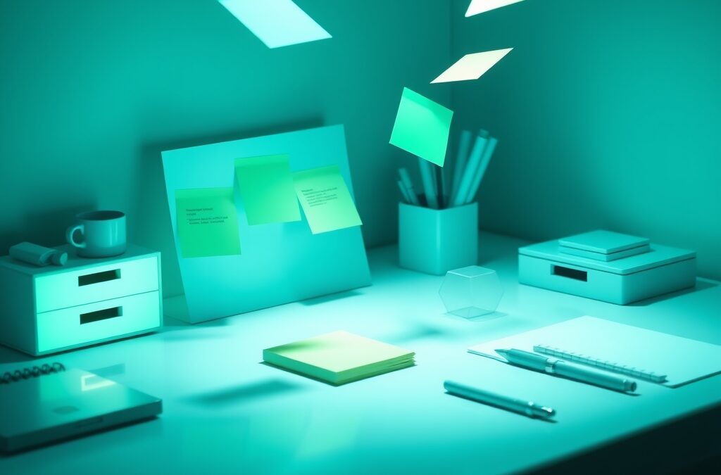 a sleek minimalist workspace with holographic sticky notes and organizational elements floating in perfect order, cinematic editorial photography, emerald green and blue palette, no text no letters no words no writing no signs no labels no watermarks no logos no typography no numbers on surfaces