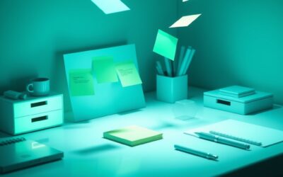 a sleek minimalist workspace with holographic sticky notes and organizational elements floating in perfect order, cinematic editorial photography, emerald green and blue palette, no text no letters no words no writing no signs no labels no watermarks no logos no typography no numbers on surfaces