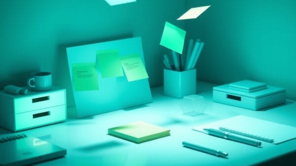 a sleek minimalist workspace with holographic sticky notes and organizational elements floating in perfect order, cinematic editorial photography, emerald green and blue palette, no text no letters no words no writing no signs no labels no watermarks no logos no typography no numbers on surfaces