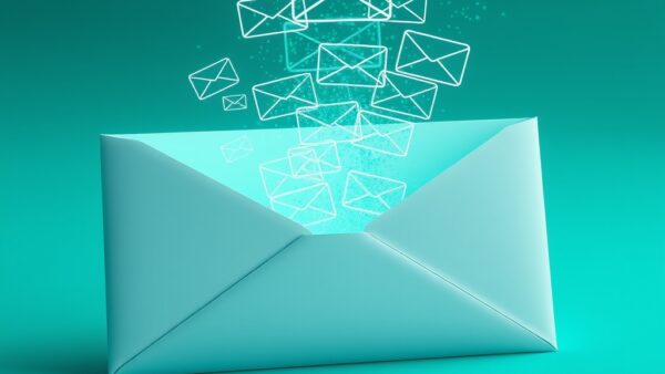 a sleek envelope transforming into a stream of organized holographic messages with AI sorting particles, cinematic editorial photography, emerald green and blue palette, no text no letters no words no writing no signs no labels no watermarks no logos no typography no numbers on surfaces