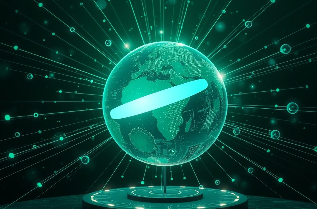 a glowing search orb with knowledge rays extending outward connecting to floating information nodes in deep space, cinematic editorial photography, emerald green and blue palette, no text no letters no words no writing no signs no labels no watermarks no logos no typography no numbers on surfaces