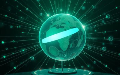 a glowing search orb with knowledge rays extending outward connecting to floating information nodes in deep space, cinematic editorial photography, emerald green and blue palette, no text no letters no words no writing no signs no labels no watermarks no logos no typography no numbers on surfaces