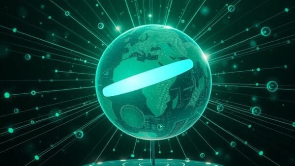 a glowing search orb with knowledge rays extending outward connecting to floating information nodes in deep space, cinematic editorial photography, emerald green and blue palette, no text no letters no words no writing no signs no labels no watermarks no logos no typography no numbers on surfaces