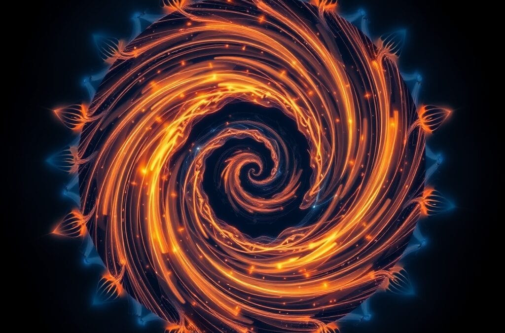Outils IA: spirales d&rsquo;énergie ambre et indigo profond, fusion cristalline digitale, pas de texte, pas de logos, pas de typographie, pas de nombres