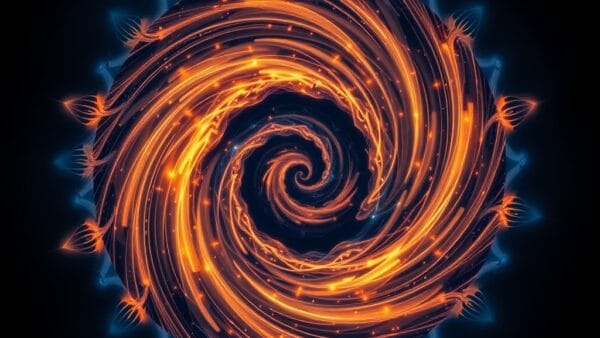 Outils IA: spirales d&rsquo;énergie ambre et indigo profond, fusion cristalline digitale, pas de texte, pas de logos, pas de typographie, pas de nombres