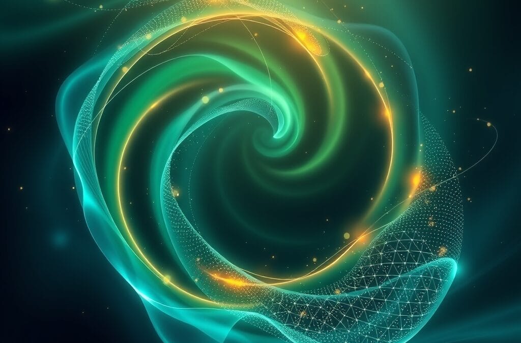 Outils IA: vagues énergétiques vert émeraude et bleu profond se croisant en spirale, particules lumineuses flottantes, reflets cristallins abstraits, pas de texte, pas de logos, pas de typographie, pas de nombres, pas de mots, pas d&rsquo;écritures, pas d&rsquo;écrans, pas d&rsquo;interfaces