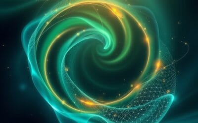 Outils IA: vagues énergétiques vert émeraude et bleu profond se croisant en spirale, particules lumineuses flottantes, reflets cristallins abstraits, pas de texte, pas de logos, pas de typographie, pas de nombres, pas de mots, pas d&rsquo;écritures, pas d&rsquo;écrans, pas d&rsquo;interfaces