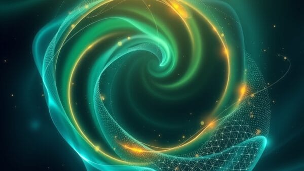 Outils IA: vagues énergétiques vert émeraude et bleu profond se croisant en spirale, particules lumineuses flottantes, reflets cristallins abstraits, pas de texte, pas de logos, pas de typographie, pas de nombres, pas de mots, pas d’écritures, pas d’écrans, pas d’interfaces