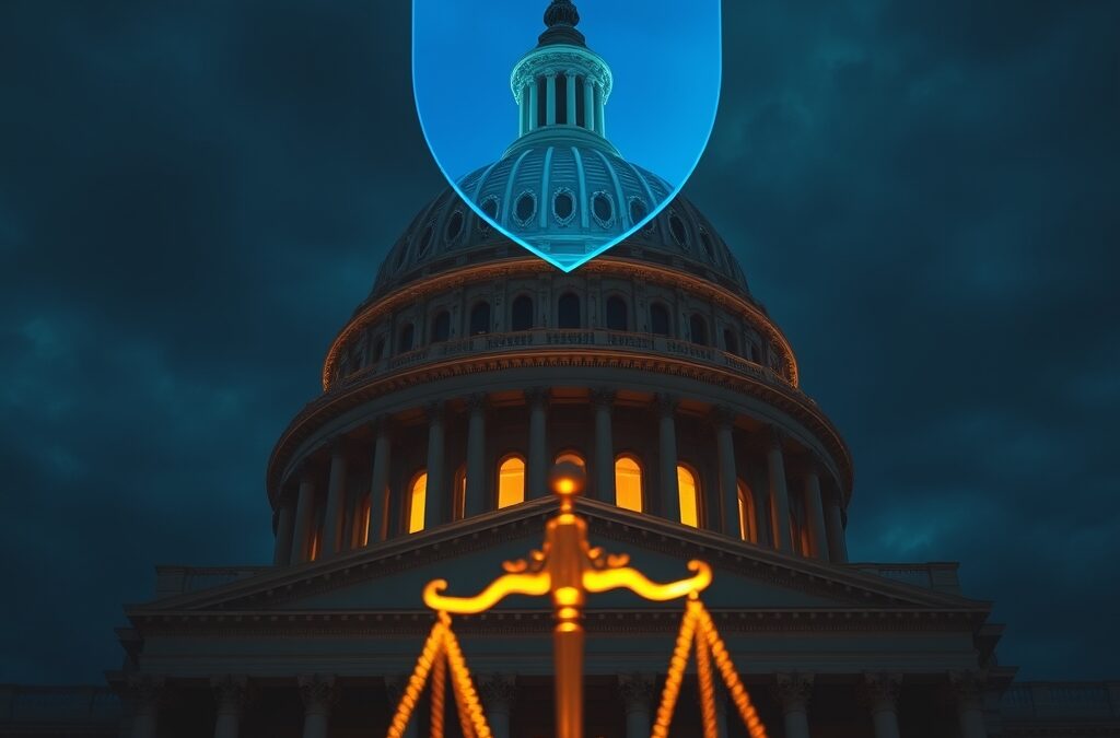 A massive neoclassical US Capitol dome viewed from below at dramatic angle, translucent holographic blue shield overlaying the facade, golden scales of justice floating in the foreground glowing with amber light, dark navy twilight sky with institutional blue and gold tones, cinematic editorial photography, high contrast, subject in upper two-thirds, no text, no letters, no words, no writing, no signs, no labels, no watermarks, no logos, no typography, no numbers on surfaces