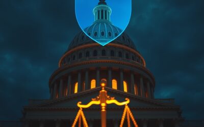 A massive neoclassical US Capitol dome viewed from below at dramatic angle, translucent holographic blue shield overlaying the facade, golden scales of justice floating in the foreground glowing with amber light, dark navy twilight sky with institutional blue and gold tones, cinematic editorial photography, high contrast, subject in upper two-thirds, no text, no letters, no words, no writing, no signs, no labels, no watermarks, no logos, no typography, no numbers on surfaces