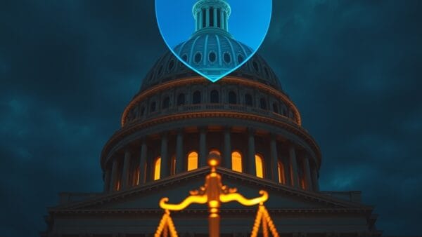 A massive neoclassical US Capitol dome viewed from below at dramatic angle, translucent holographic blue shield overlaying the facade, golden scales of justice floating in the foreground glowing with amber light, dark navy twilight sky with institutional blue and gold tones, cinematic editorial photography, high contrast, subject in upper two-thirds, no text, no letters, no words, no writing, no signs, no labels, no watermarks, no logos, no typography, no numbers on surfaces