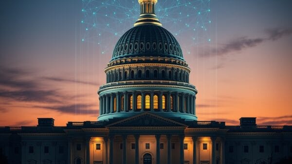 Illustration IA : Capitole américain avec réseau neuronal IA pour OpenAI et GPT-5.4