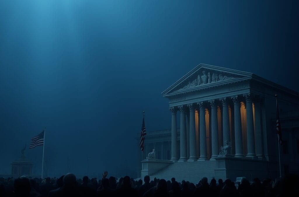 cinematic editorial dark navy blue American political landscape, federal vs state power dynamics, courtroom legal battle, constitutional framework, governance complexity, no text no letters no words no writing no signs no labels no watermarks no logos no typography no numbers on surfaces