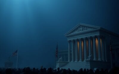 cinematic editorial dark navy blue American political landscape, federal vs state power dynamics, courtroom legal battle, constitutional framework, governance complexity, no text no letters no words no writing no signs no labels no watermarks no logos no typography no numbers on surfaces