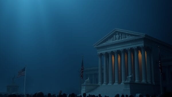 cinematic editorial dark navy blue American political landscape, federal vs state power dynamics, courtroom legal battle, constitutional framework, governance complexity, no text no letters no words no writing no signs no labels no watermarks no logos no typography no numbers on surfaces