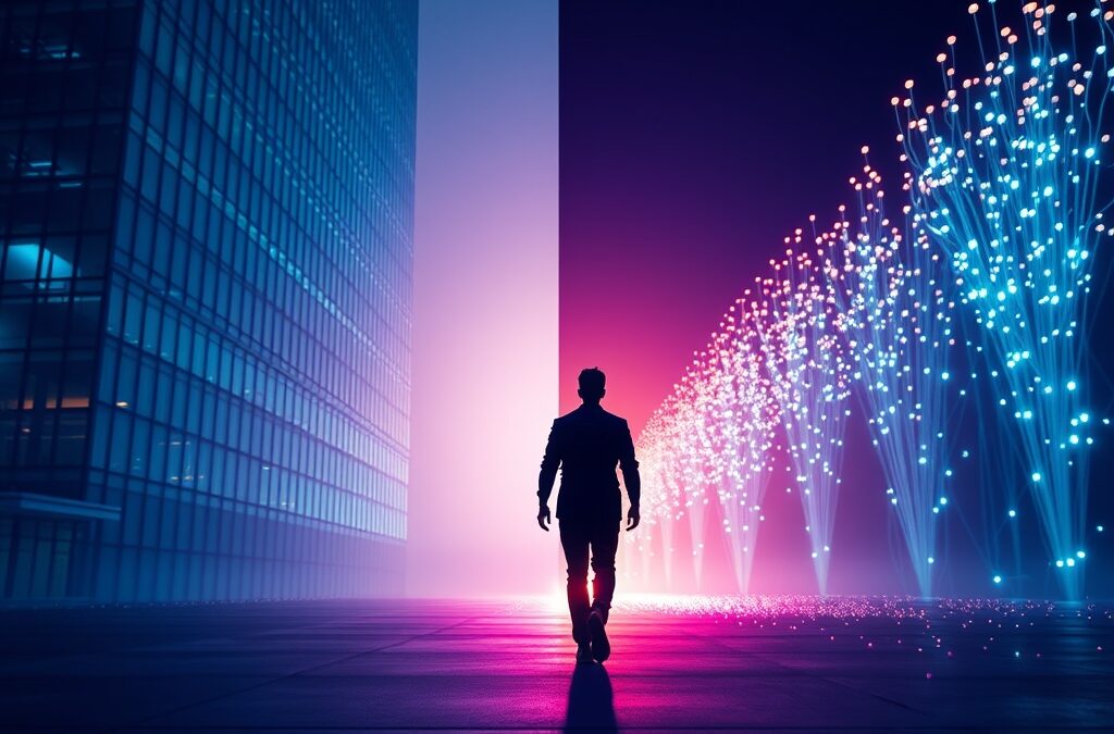 silhouette of a person walking away from a massive corporate glass building toward a glowing independent pathway of light particles, split composition showing corporate structure on left and organic growth on right, cinematic editorial photography, cyan neon and violet color palette with warm amber accents on dark navy background, subject in upper two thirds, dramatic backlit volumetric lighting, no text, no letters, no words, no writing, no signs, no labels, no watermarks, no logos, no typography, no numbers on surfaces