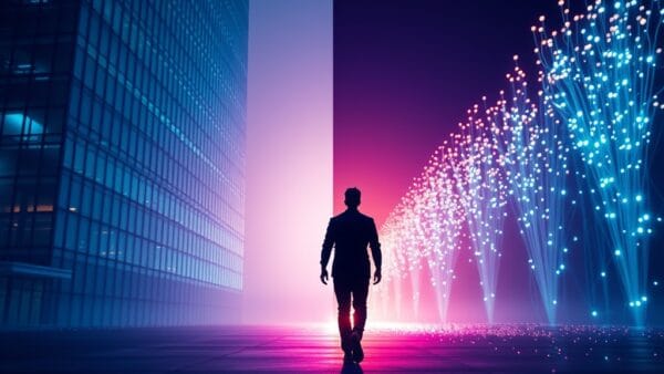 silhouette of a person walking away from a massive corporate glass building toward a glowing independent pathway of light particles, split composition showing corporate structure on left and organic growth on right, cinematic editorial photography, cyan neon and violet color palette with warm amber accents on dark navy background, subject in upper two thirds, dramatic backlit volumetric lighting, no text, no letters, no words, no writing, no signs, no labels, no watermarks, no logos, no typography, no numbers on surfaces