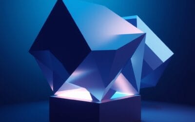 abstract geometric crystal structures representing software architecture, deep navy and electric blue gradients, floating luminous polyhedra, cinematic editorial photography, no text no letters no words no writing no signs no labels no watermarks no logos no typography no numbers on surfaces