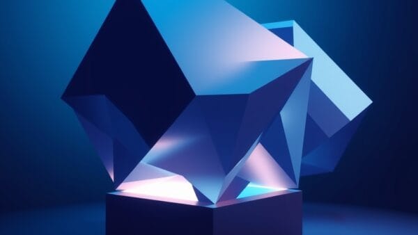 abstract geometric crystal structures representing software architecture, deep navy and electric blue gradients, floating luminous polyhedra, cinematic editorial photography, no text no letters no words no writing no signs no labels no watermarks no logos no typography no numbers on surfaces