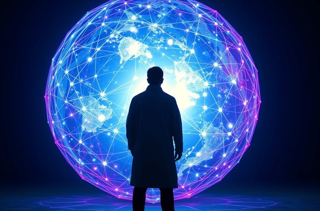 A silhouette of a scientist standing before a massive glowing sphere made of interconnected neural pathways and geometric shapes, world model concept, deep blue and violet tones with bright white core energy, French flag colors subtly reflected in light, cinematic editorial photography, dark navy background, volumetric lighting, no text, no letters, no words, no writing, no signs, no labels, no watermarks, no logos, no typography, no numbers on surfaces
