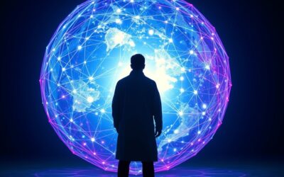 A silhouette of a scientist standing before a massive glowing sphere made of interconnected neural pathways and geometric shapes, world model concept, deep blue and violet tones with bright white core energy, French flag colors subtly reflected in light, cinematic editorial photography, dark navy background, volumetric lighting, no text, no letters, no words, no writing, no signs, no labels, no watermarks, no logos, no typography, no numbers on surfaces