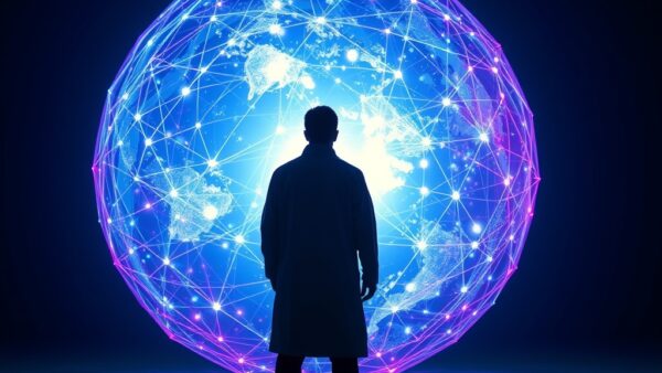 A silhouette of a scientist standing before a massive glowing sphere made of interconnected neural pathways and geometric shapes, world model concept, deep blue and violet tones with bright white core energy, French flag colors subtly reflected in light, cinematic editorial photography, dark navy background, volumetric lighting, no text, no letters, no words, no writing, no signs, no labels, no watermarks, no logos, no typography, no numbers on surfaces