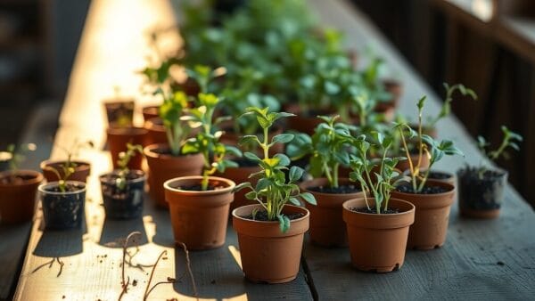 Multitude de jeunes pousses en pots sur table en bois, trois grandes et d'autres frêles