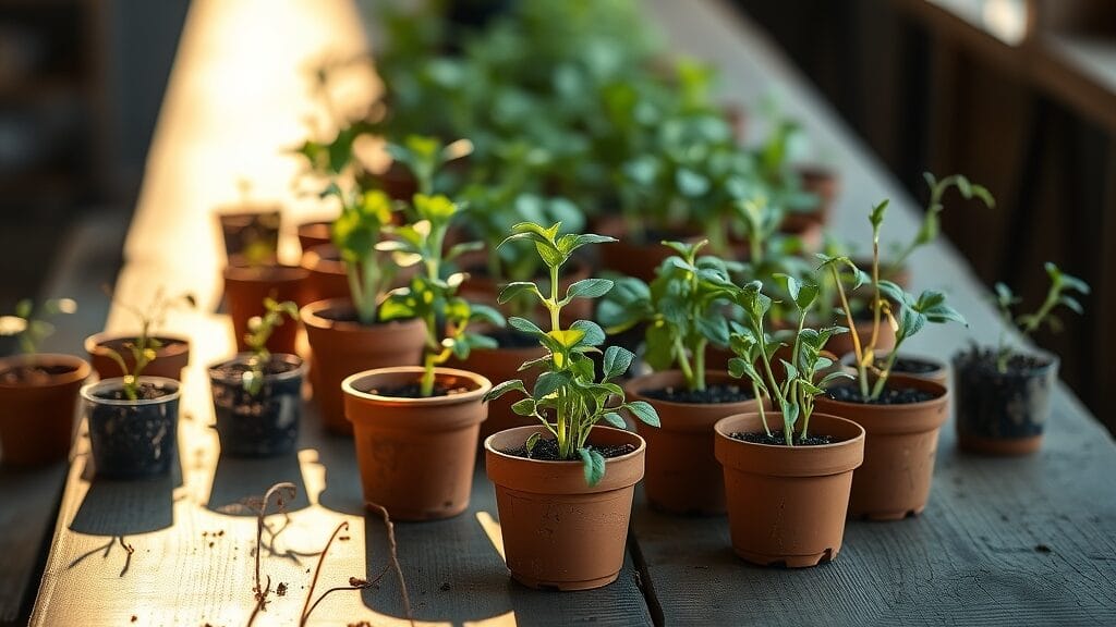 Multitude de jeunes pousses en pots sur table en bois, trois grandes et d'autres frêles