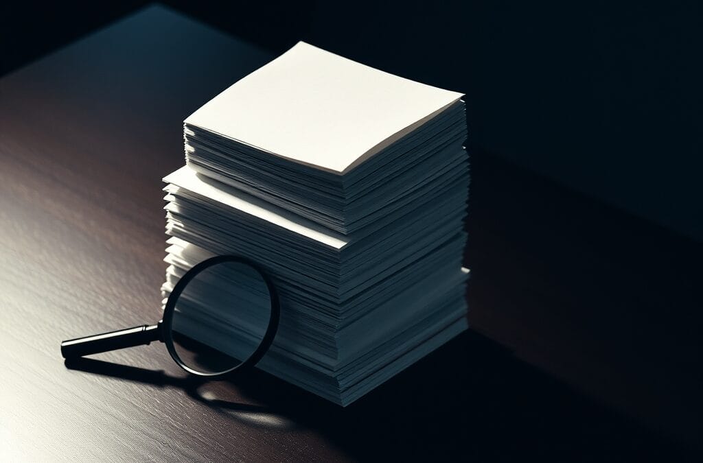 Pile de documents et loupe symbolisant l'analyse des flux de capital vers l'IA au premier trimestre 2026