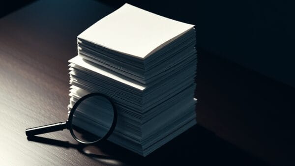 Pile de documents et loupe symbolisant l'analyse des flux de capital vers l'IA au premier trimestre 2026