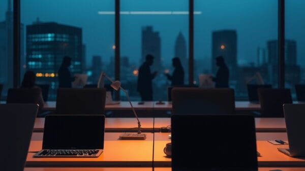 Bureau français au crépuscule avec silhouettes humaines se dissolvant en pixels représentant l'IA et l'emploi